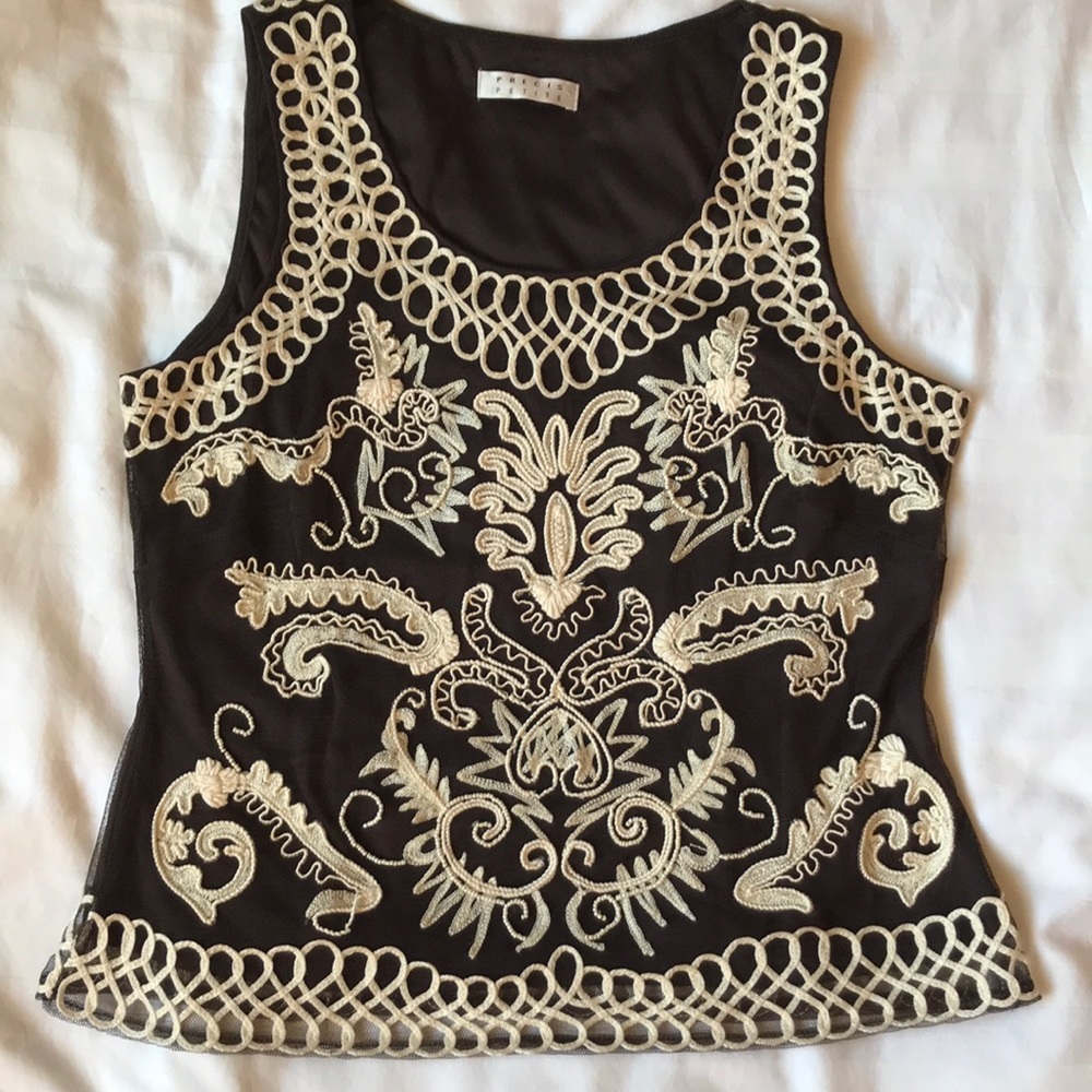 Host’s Pick Precis embroidered w pearls mesh lined espresso tank EUC